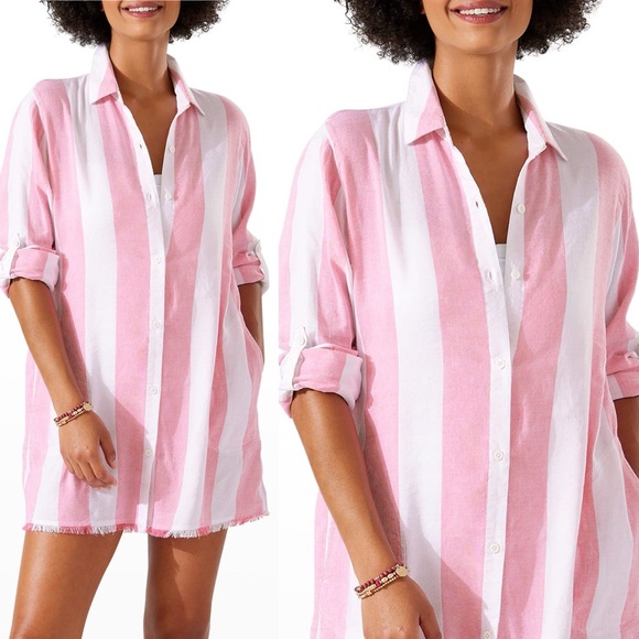 Tommy Bahama Rugby Beach Stripe Boyfriend Shirt Cover-up pink coral Coast : XS - Picture 4 of 9